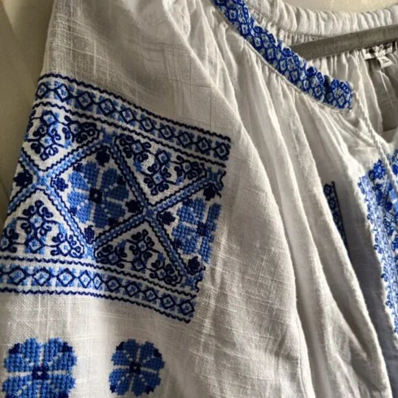 XL🌺Romanian Traditional White&Blue Handmade Embroidered Peasant Blouse Ie - Picture 9 of 10